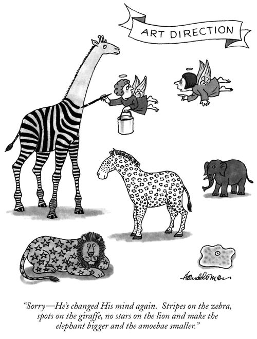 "Sorry - He's changed His mind again. Stripes on the zebra, spots on the giraffe, no stars on the lion and make the elephant bigger and the amoebae smaller."