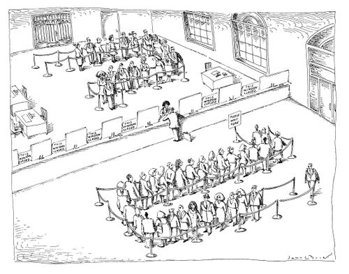 Bank customers and bank tellers wait in line to meet with each other.