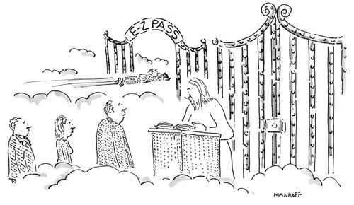 A man gets through the pearly gates with an E-Z Pass.