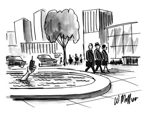 Hand holding a cellphone rises up from the pool of a fountain
