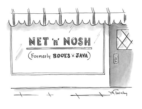 Storefront reading "Net 'n' Nosh (Formerly Books 'n' Java)"