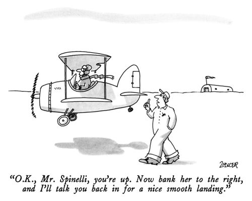 "O.K., Mr. Spinelli, you're up. Now bank her to the right, and I'll talk you back in for a nice smooth landing."