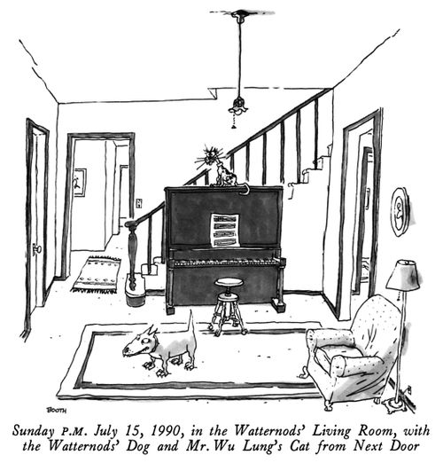 Sunday P.M. July 15, 1990 in the Watternods' Living Room with the Watternods' Dog and Mr. Wu Lung's Cat from Next Door
