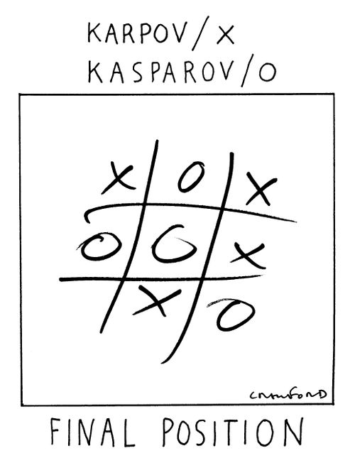 A game of tic-tac-toe being played by two chess grandmasters.