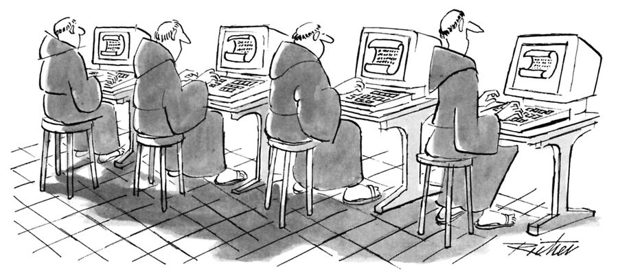 Monks sitting at a row of computers typing up old-fashioned looking manuscripts.