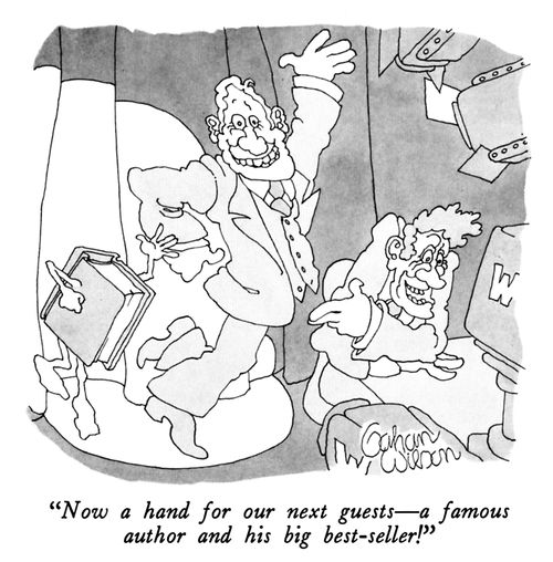 "Now a hand for our next guests—a famous author and his big best-seller!"