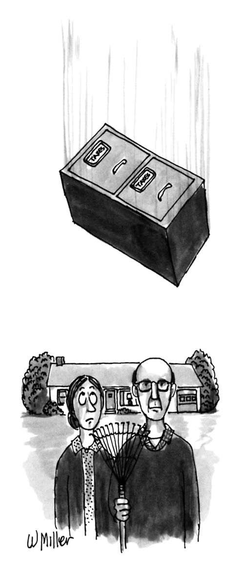 A filing cabinet of taxes lands on the American Gothic couple.