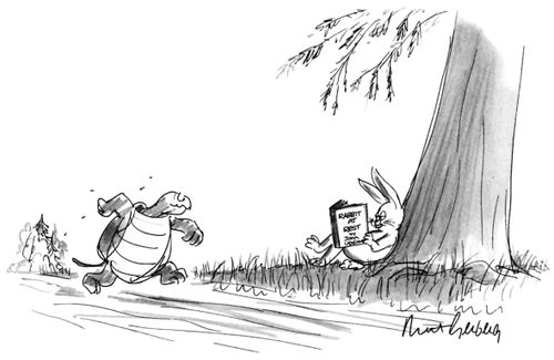 Hare reading a book while the tortoise races past