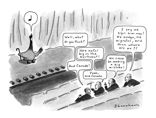 Vaudeville producers audition a singing Canada goose.