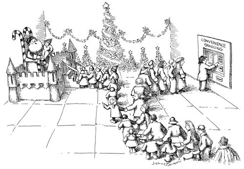 Line of children to see Santa Claus; Line of parents to use the ATM