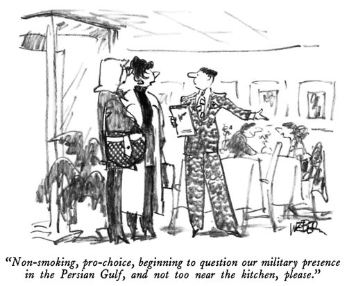 "Non-smoking, pro-choice, beginning to question our military presence in the Persian Gulf, and not too near the kitchen, please."