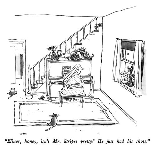 "Elinor, honey, isn't Mr. Stripes pretty? He just had his shots."