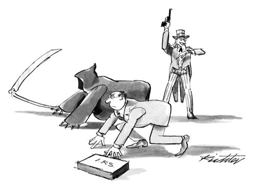 Uncle Sam prepares to fire a starting gun, while the Grim Reaper and a taxman from the IRS prepare to run a race against each other.