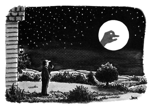 A man watches shadow puppets on the moon