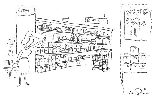 Woman hails an empty shopping cart in the aisle of a supermarket as if it were a taxi