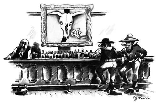 Cowboys in a saloon gather around a Georgia O'Keefe painting.