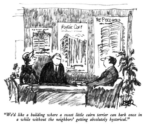 "We'd like a building where a sweet little cairn terrier can bark once in a while without the neighbor's getting absolutely hysterical."