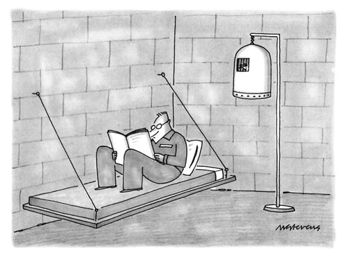 A prisoner in a jail cell reads on his bunk while his pet bird peers out of its prison-like cage beside him.