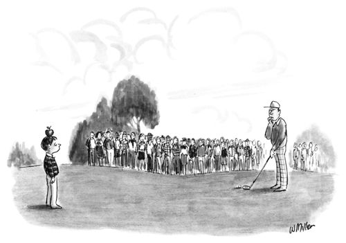 A golfer contemplates a shot while a boy waits with an apple on his head.