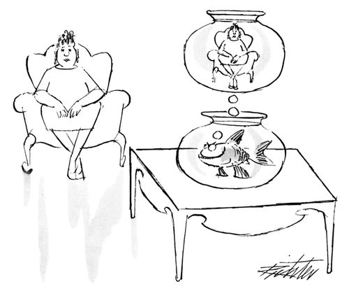 A pet fish in a fishbowl thinks about keeping his owner in a fishbowl.