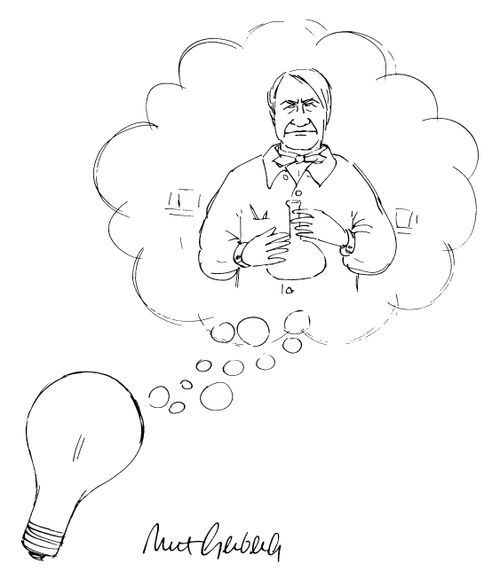A light bulb imagines a Thomas Edison.