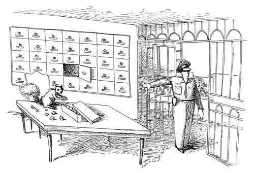 A squirrel examines a nut in safe deposit box.