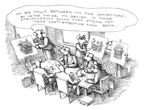 "My bid falls between my two competitors'. By using twigs, my design is more structurally sound than straw, yet more cost-effective than brick."