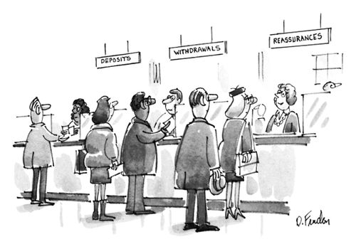 Sign over one of three teller lines at a bank reads "Reassurances" 