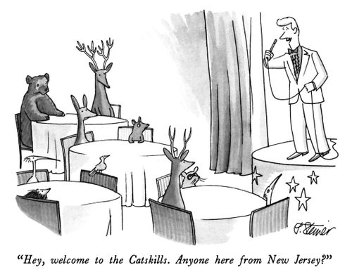 "Hey, welcome to the Catskills. Anyone here from New Jersey?"