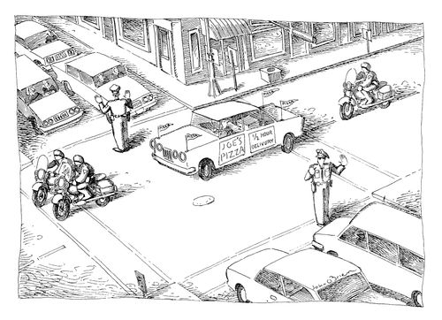 Police escort for a pizza delivery vehicle