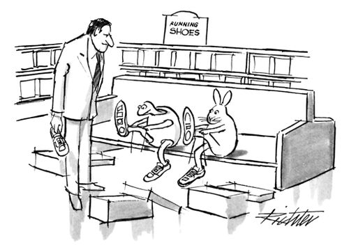 The tortoise and the hare are in a shoe store trying on shoes in preparation for their race.