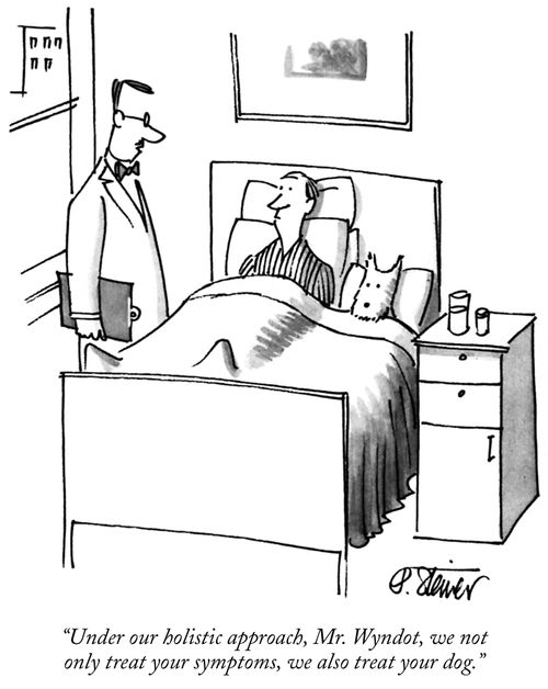 "Under our holistic approach, Mr. Wyndot, we not only treat your symptoms, we also treat your dog."