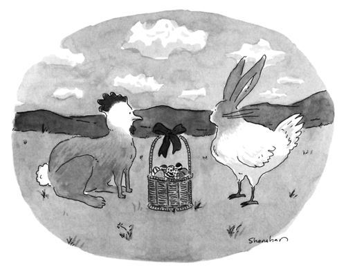 A rabbit with a chicken's head and a chicken with a rabbit's head stare at each other over a basket of easter eggs.