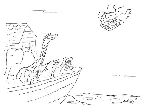 Instead of an olive branch, the dove brings a delivery pizza back to Noah's Ark. 
