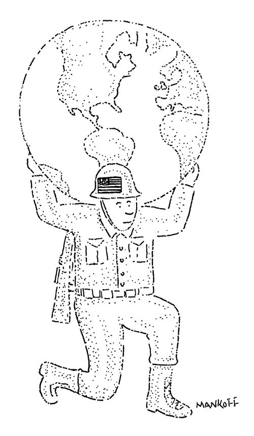 A US solider supports the world like Atlas.