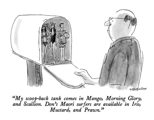 "My scoop-back tank comes in Mango, Morning Glory, and Scallion.  Don's Maori surfers are available in Iris, Mustard, and Prawn."