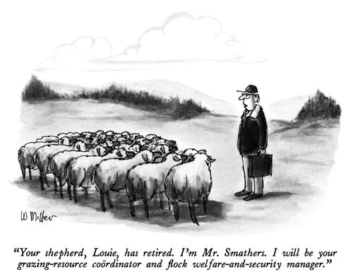 "Your shepherd, Louie, has retired. I'm Mr. Smathers. I will be your grazing-resource coördinator and flock welfare-and-security manager."