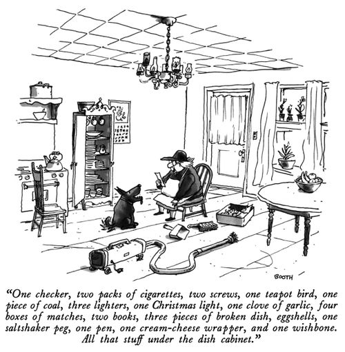 "One checker, two packs of cigarettes, two screws, one teapot bird, one piece of coal, three lighters, one Christmas light, one clove of garlic, four boxes of matches, two books, three pieces of broken dish, eggshells, one saltshaker peg, one pen, one cre