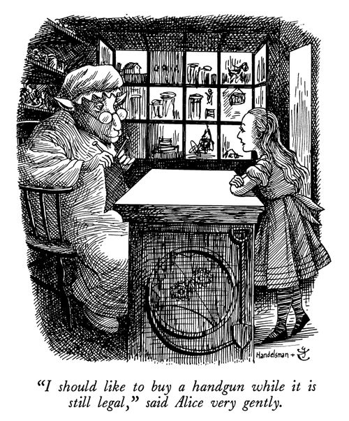 "I should like to buy a handgun while it is still legal," said Alice very gently.