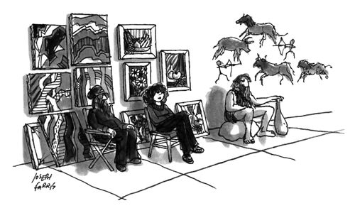 Three street vendors sit side by side selling their art; two of the vendors are selling normal paintings while the third is a Neanderthal selling cave paintings. 