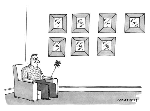 A man sits in an armchair with seven flies or other insects, framed on his wall; he has a fly-swatter in his hand.