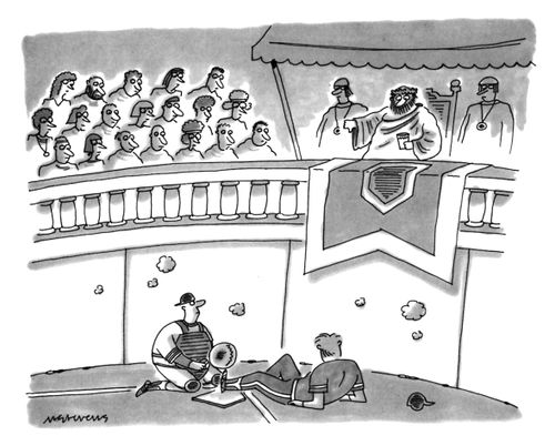 A baseball game is played in an ancient Roman arena; the emperor gives a thumbs-down signal, declaring a player to be out of the game