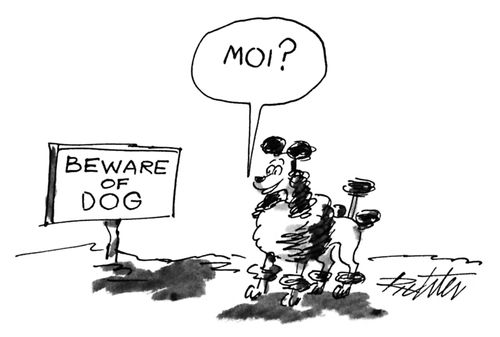 A sign reads "Beware of dog"; a french poodle looks at the sign and says "Moi?".