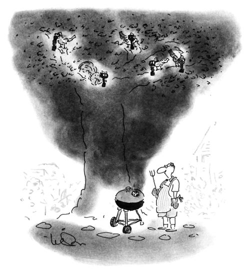 Barbecue raises a cloud of smoke; birds and squirrel in tree above wear gas masks.