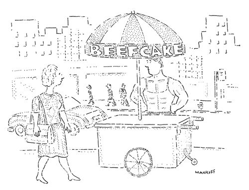 A street vendor advertises 'Beefcake'.