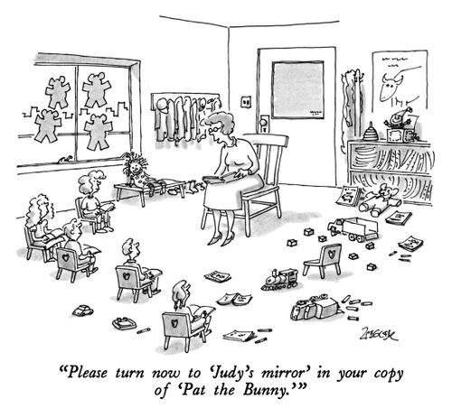 "Please turn now to 'Judy's mirror' in your copy of 'Pat the Bunny.' "
