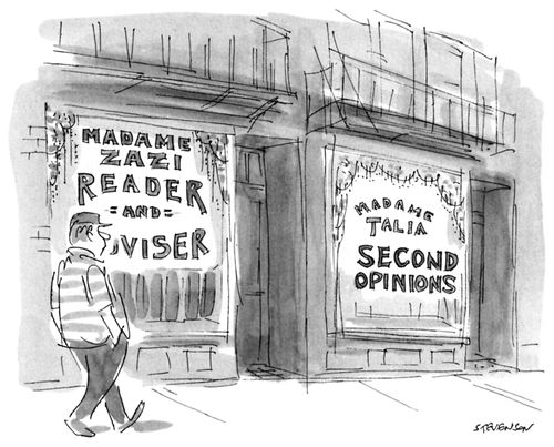 Two psychics have shops next to each other; one advertises "Second Opinions".