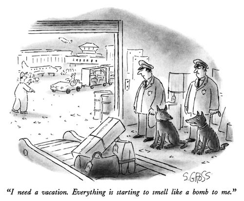 "I need a vacation. Everything is starting to smell like a bomb to me."