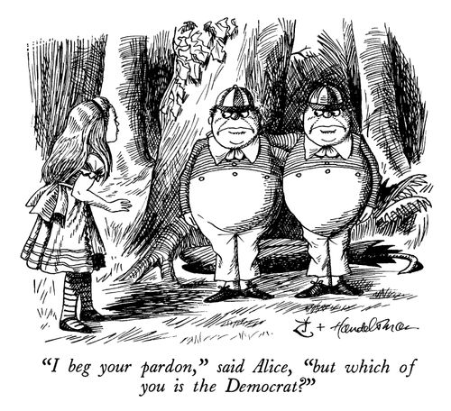"I beg your pardon," said Alice, "but which of you is the Democrat?"