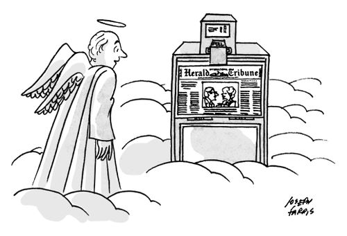 An angel looks at a news box containing the "International Herald Tribune".